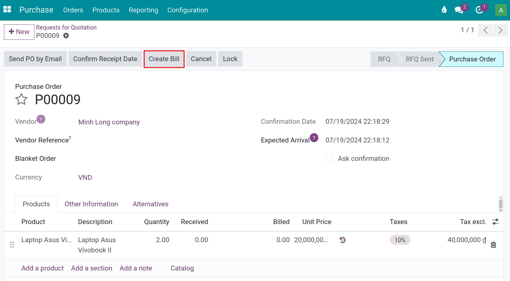 Viindoo Purchase order depending on received quantities