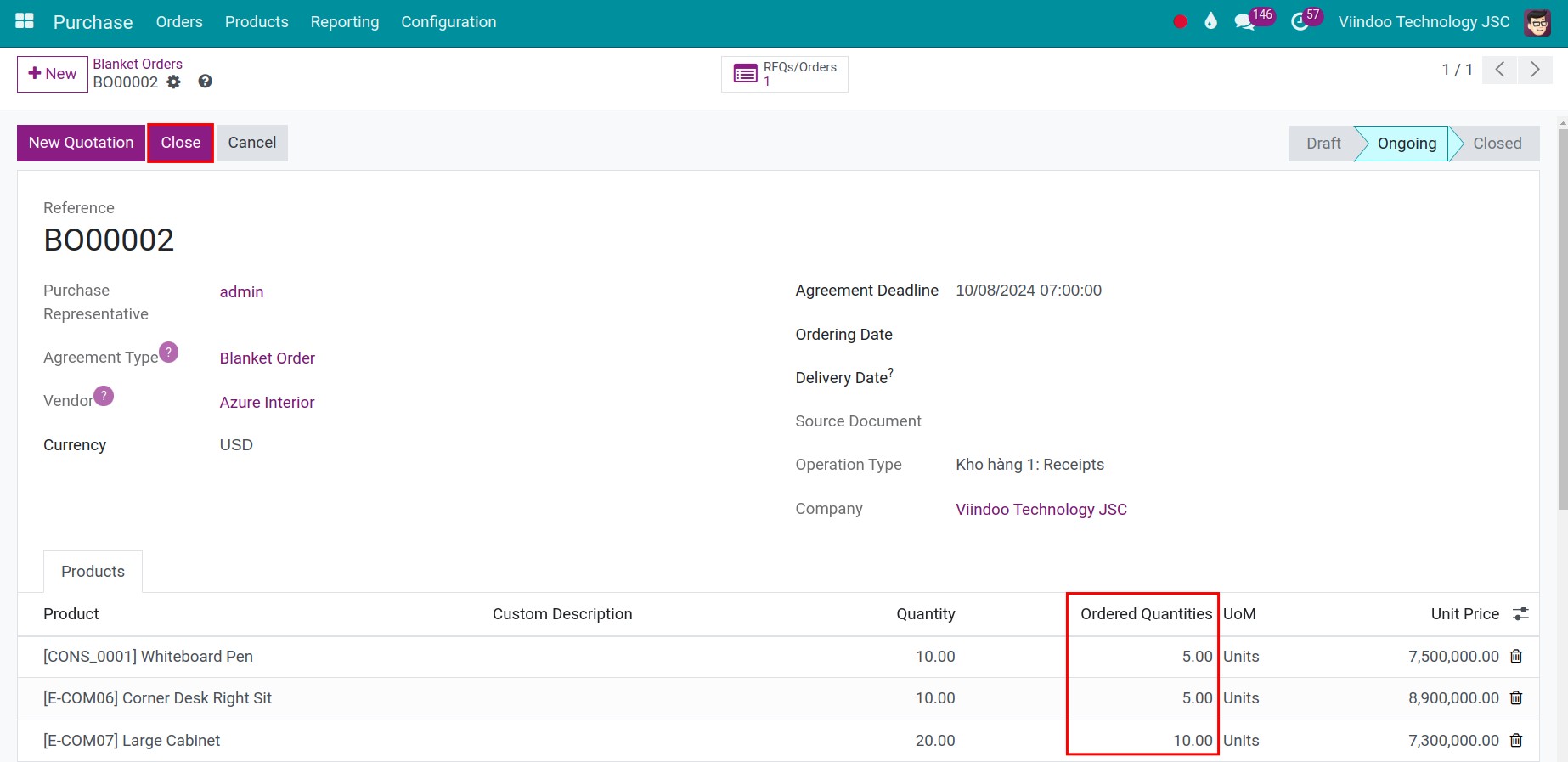 Close the Purchase agreement in Viindoo