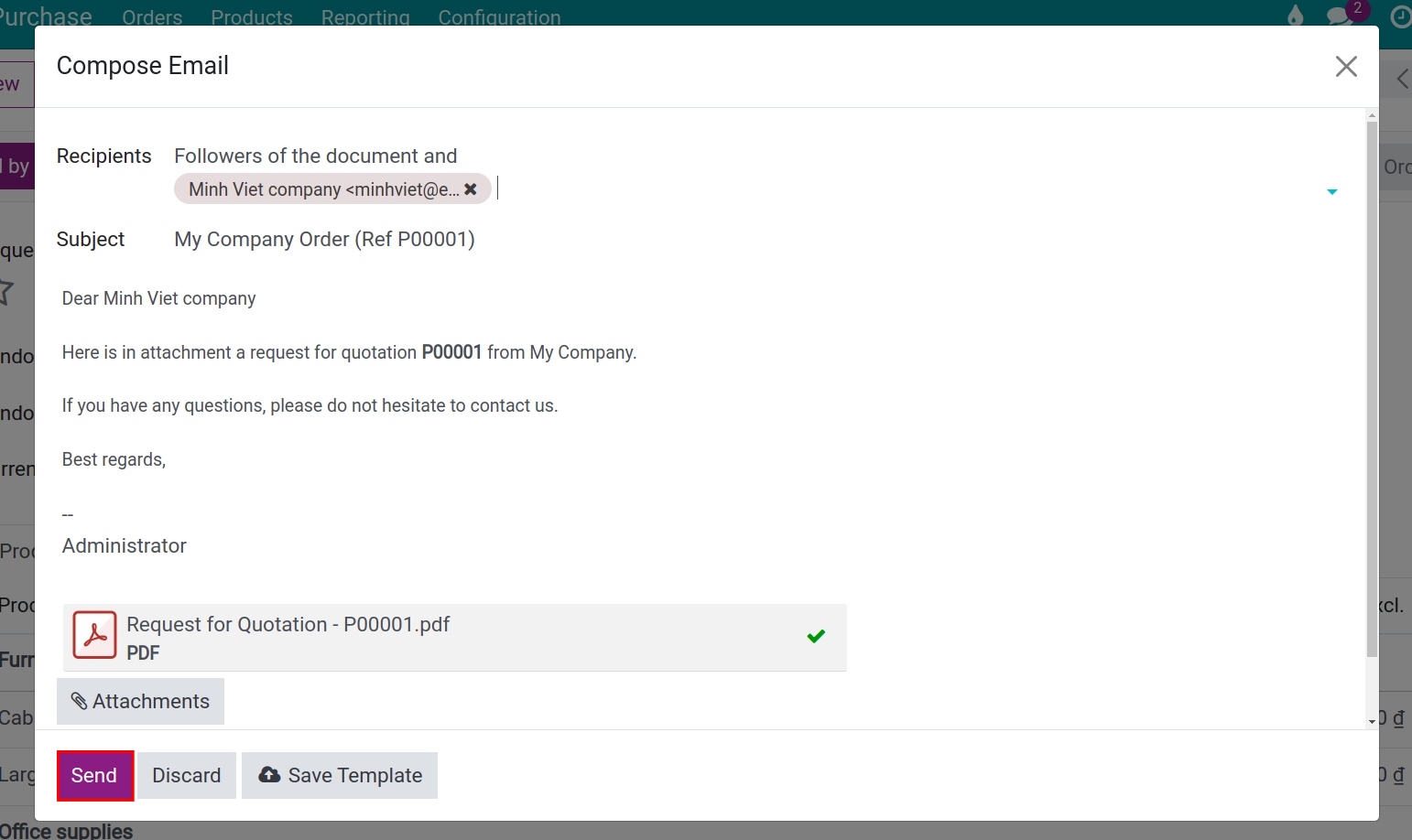 Content of email sent to vendor Purchase app ERP Viindoo