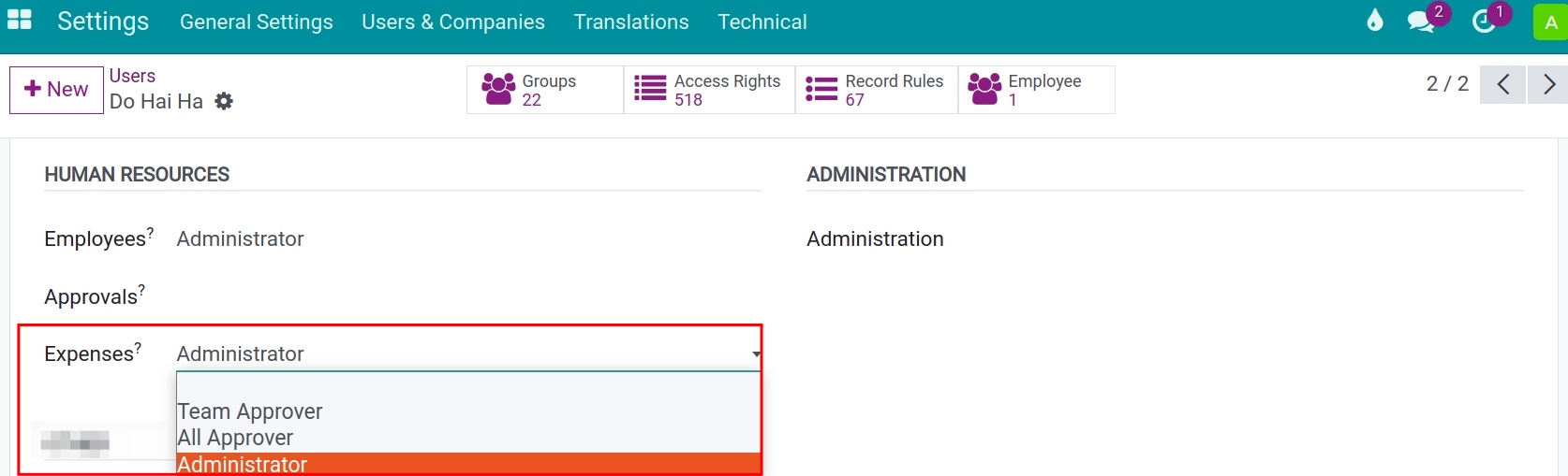 Grant access rights to the user account in the Viindoo Expenses app