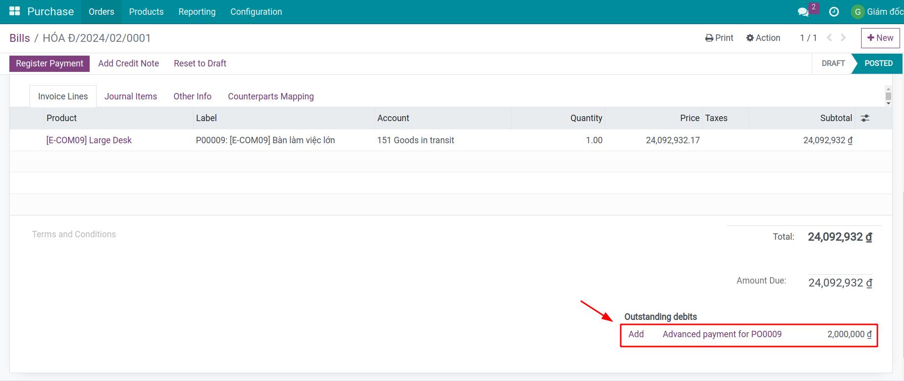Add the advance payment linked with this invoice