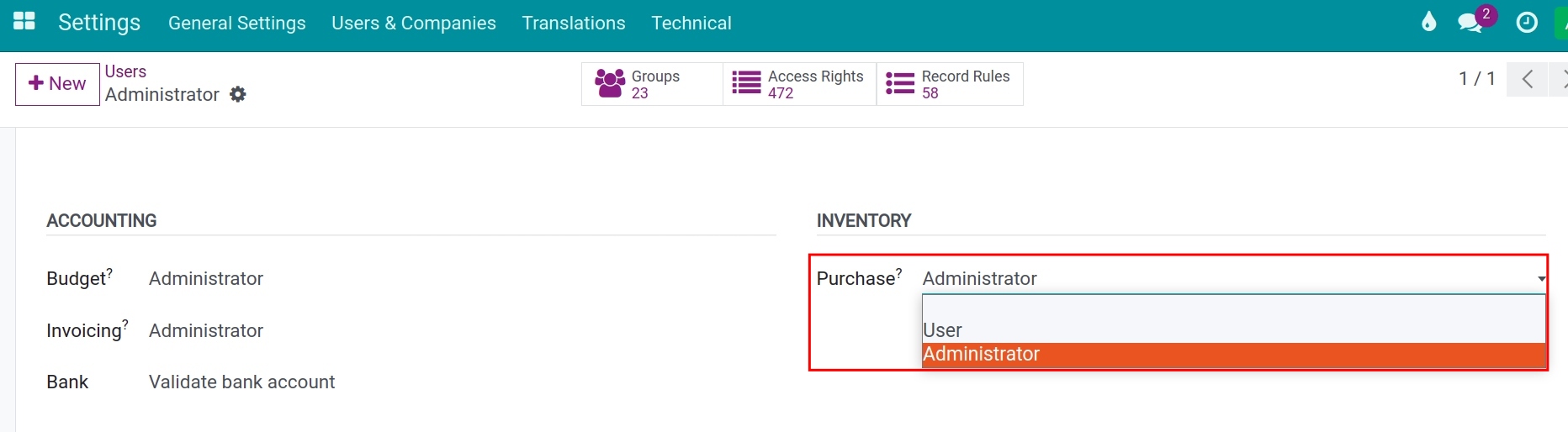 Configure access rights in purchasing management process in ERP Viindoo.