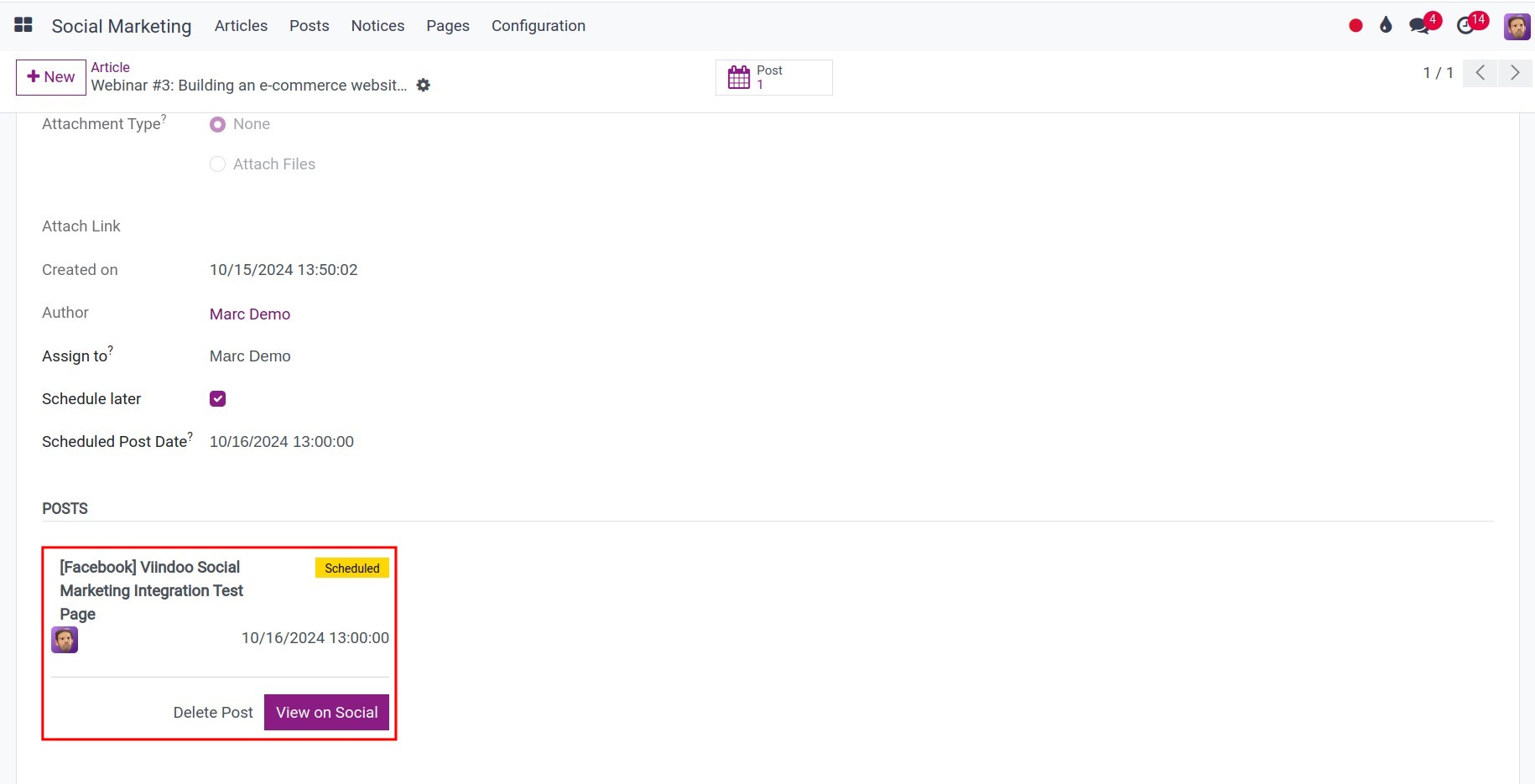 Post scheduled information to be posted in Social Marketing app