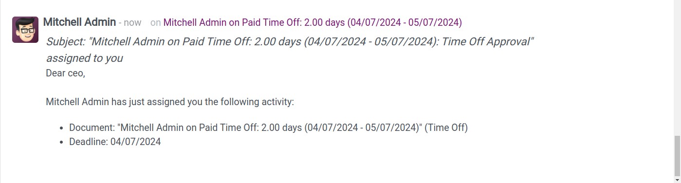 Notification in the time off approver's account