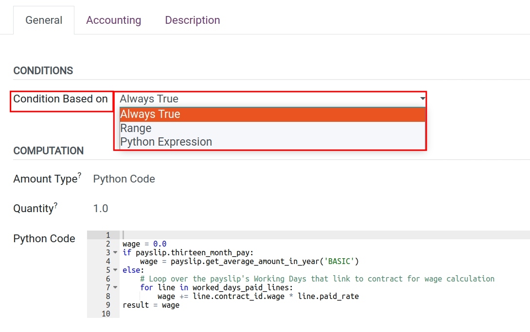 Calculation conditions for salary rule Payroll Viindoo