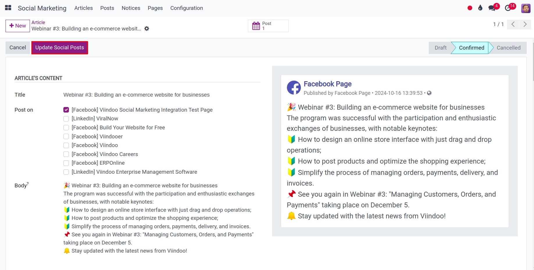 Update social posts Viindoo Social Marketing app