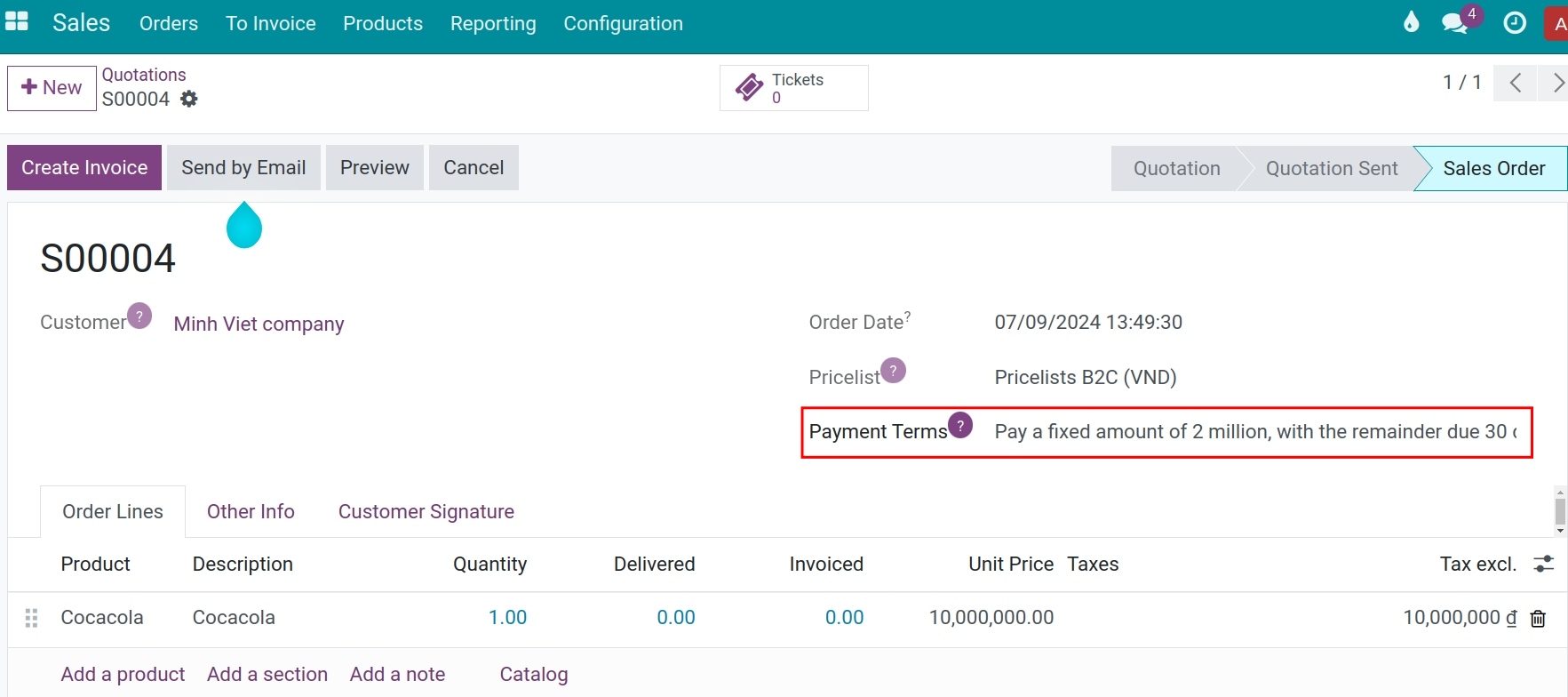 Apply payment terms on sales quotation - Viindoo Accounting