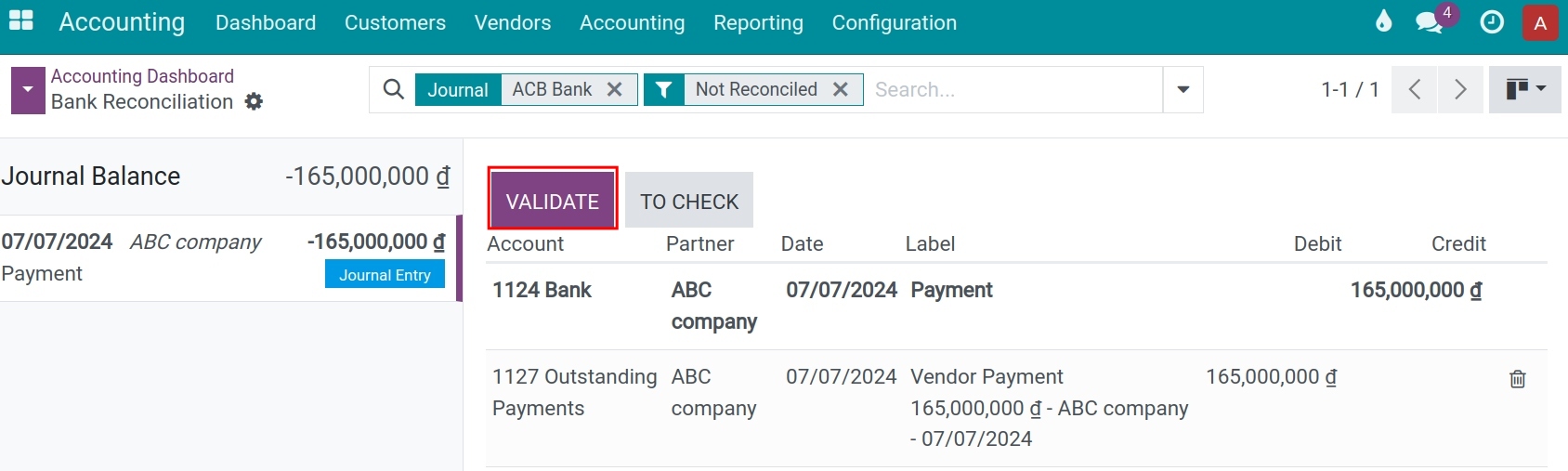 Reconcile bank statement - Viindoo accounting software