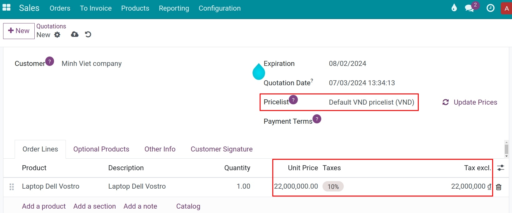 Sales order with price excluding tax - Viindoo Accounting