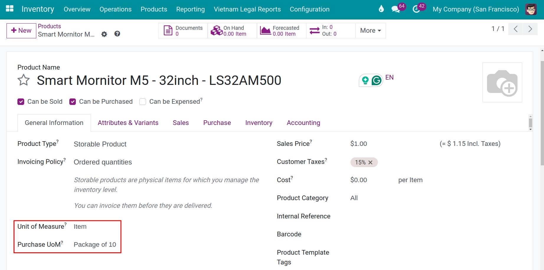 Set up Unit of Measure for a product in Viindoo Inventory software management