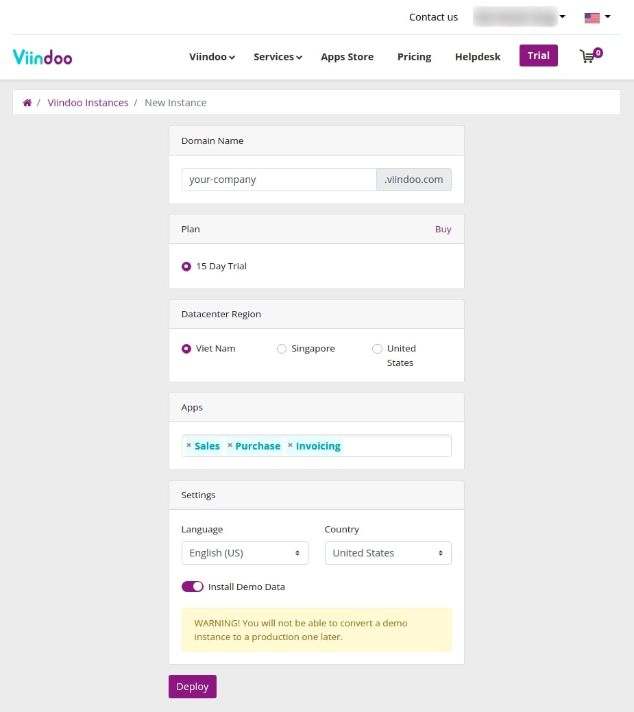 New instance creation view Viindoo