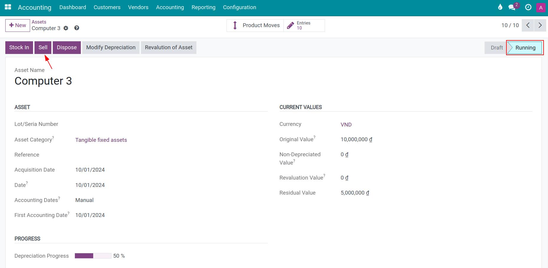 Asset liquidation view in Viindoo