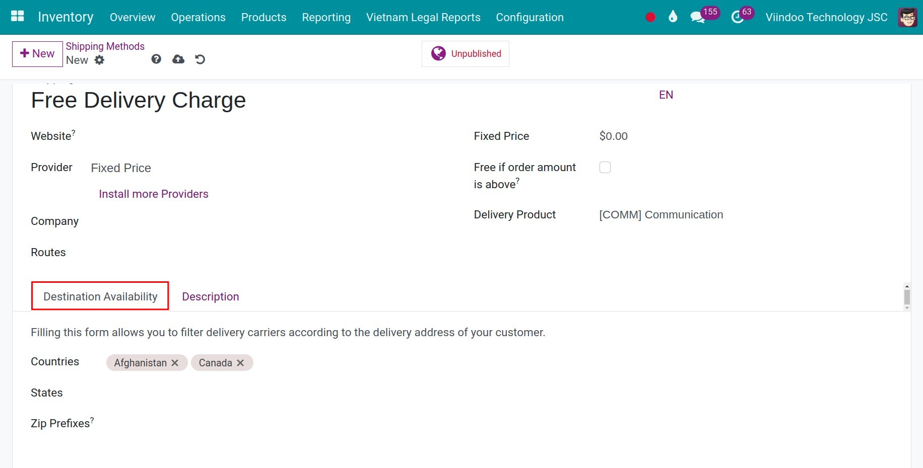 Set up shipping rules to certain destinations - Viindoo Inventory app