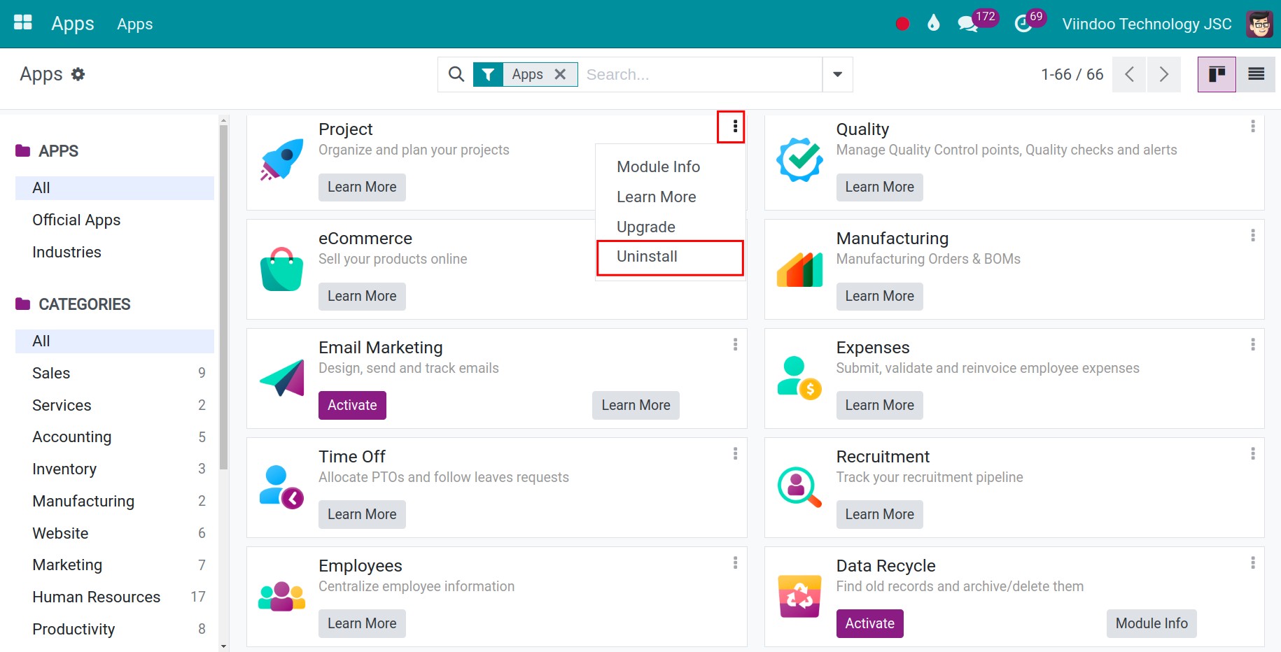 Uninstall apps and modules in Viindoo