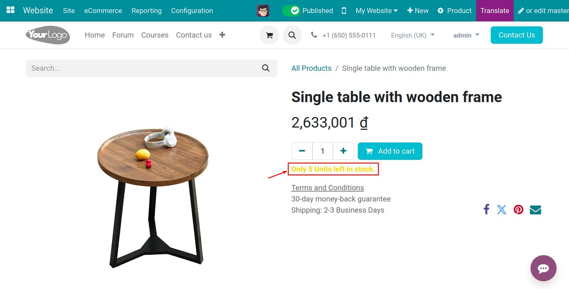 Display the number of product on the website