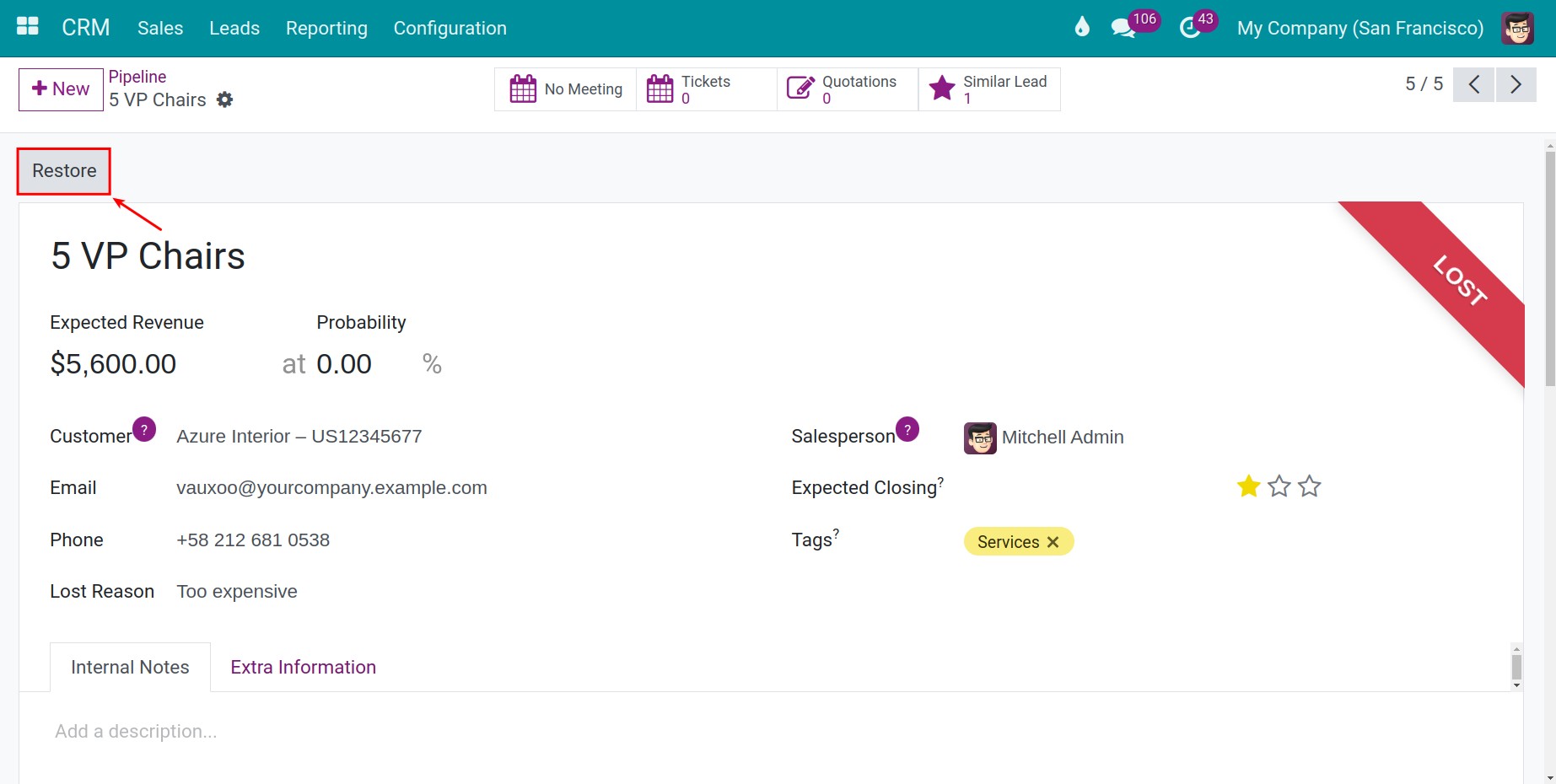 Restore a lost opportunity in the Viindoo CRM app