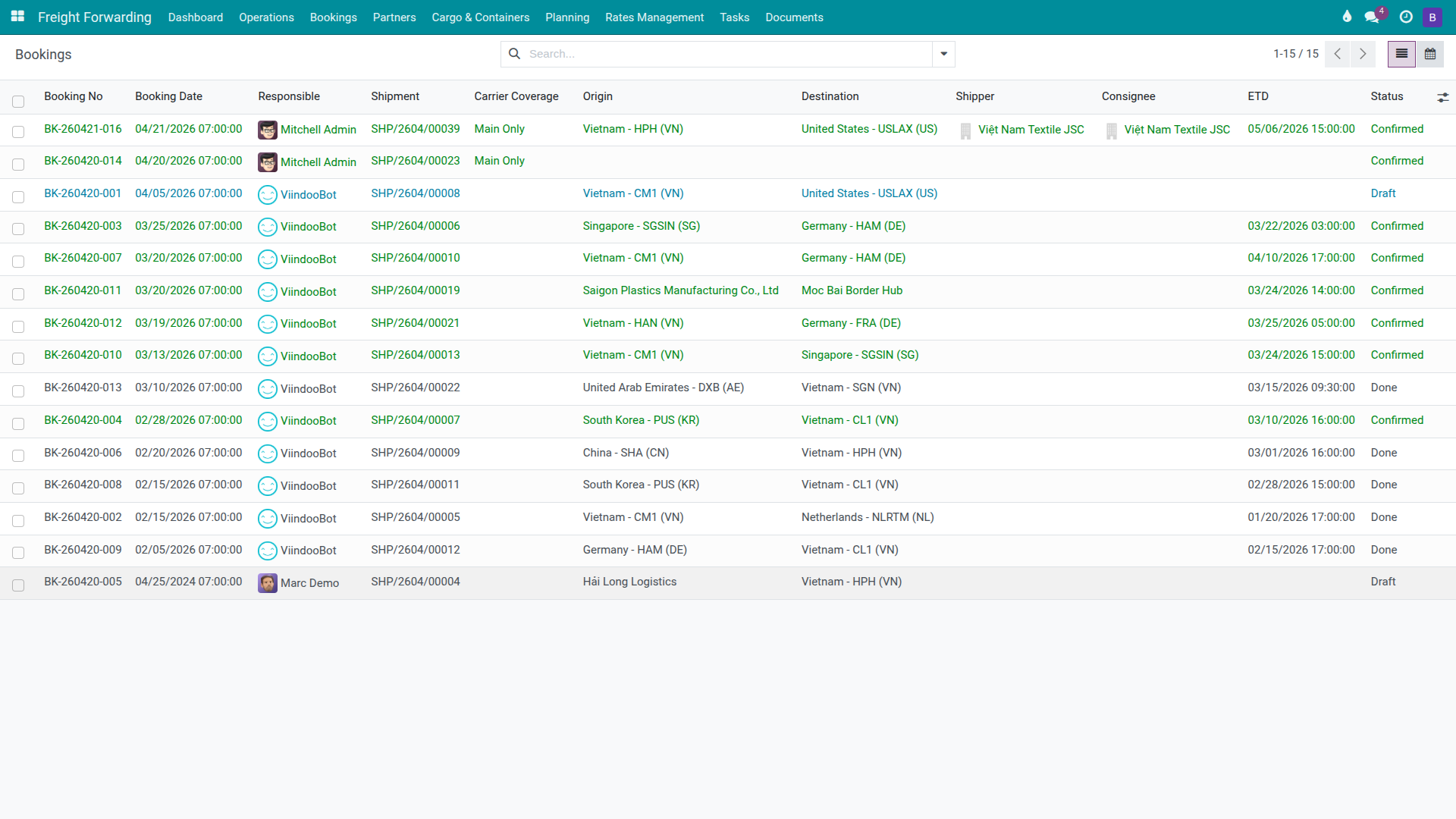 Carrier Bookings list showing bookings linked to multiple shipments.
