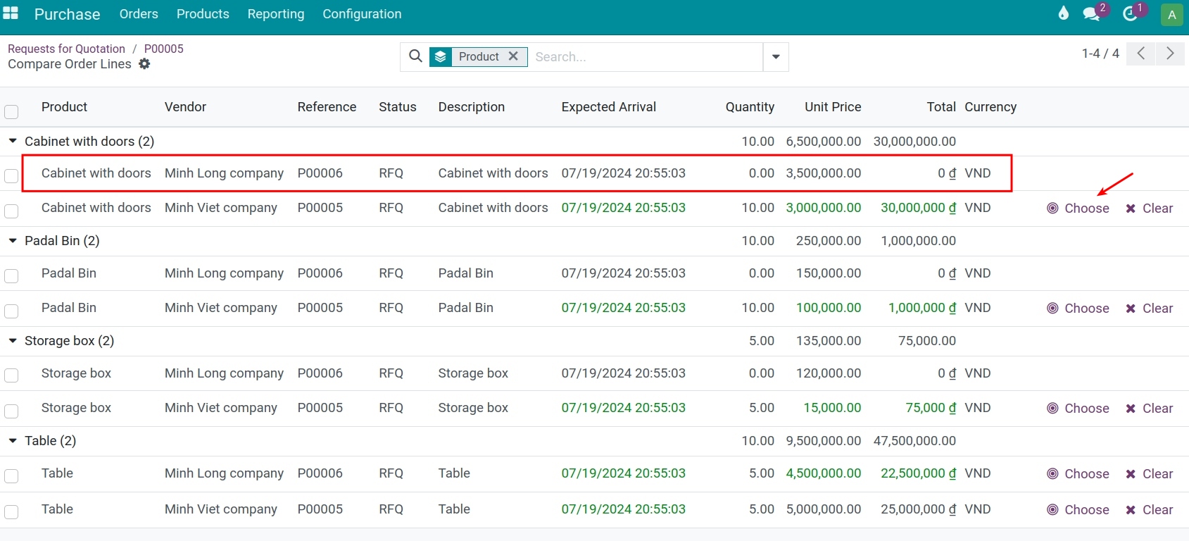 Select a vendor in Viindoo Purchase App