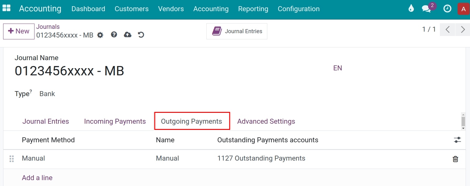 Outgoing Payments configuration in Bank account journal - Viindoo Accounting software