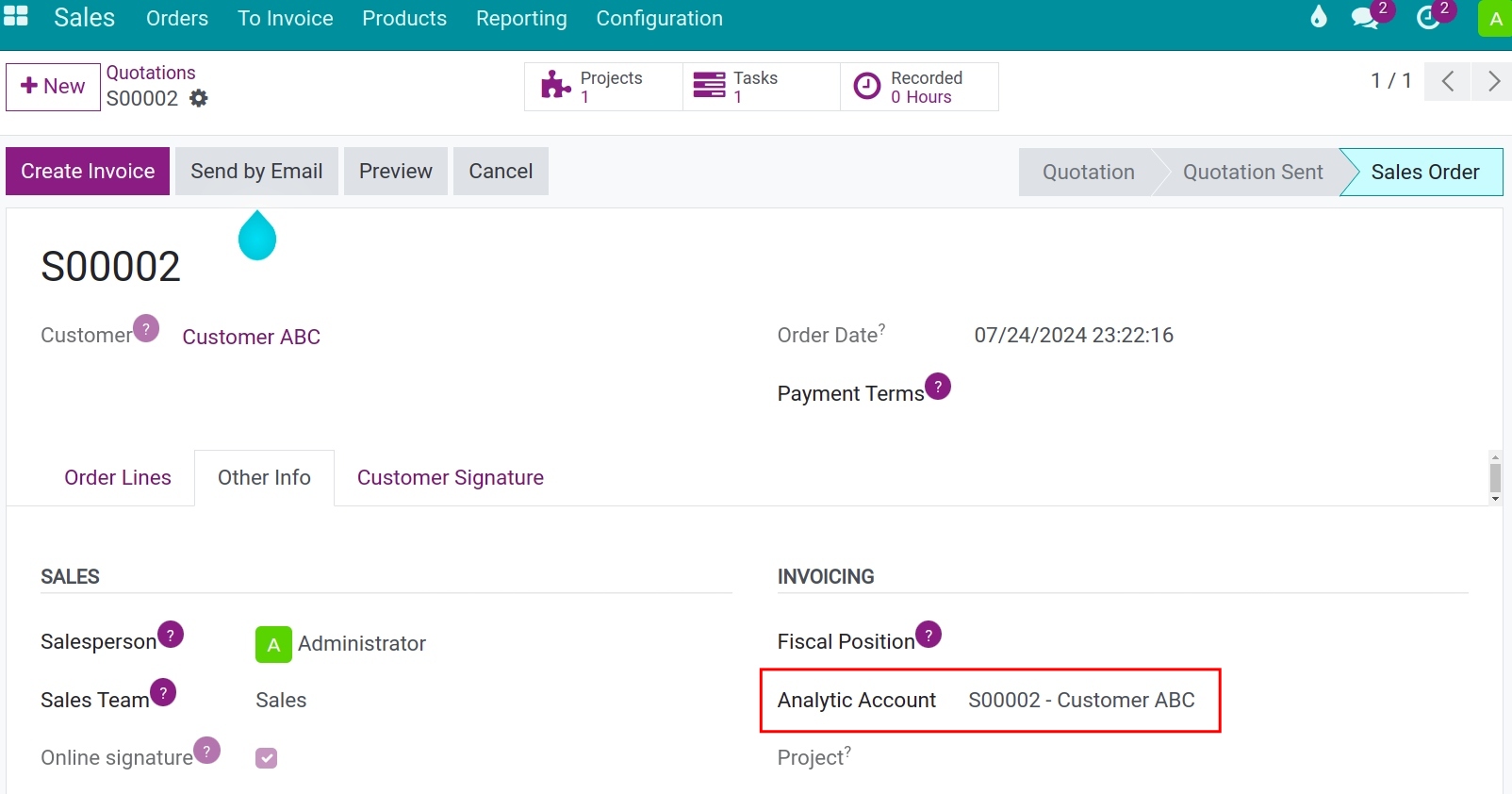 Analytic account created from sales order Viindoo