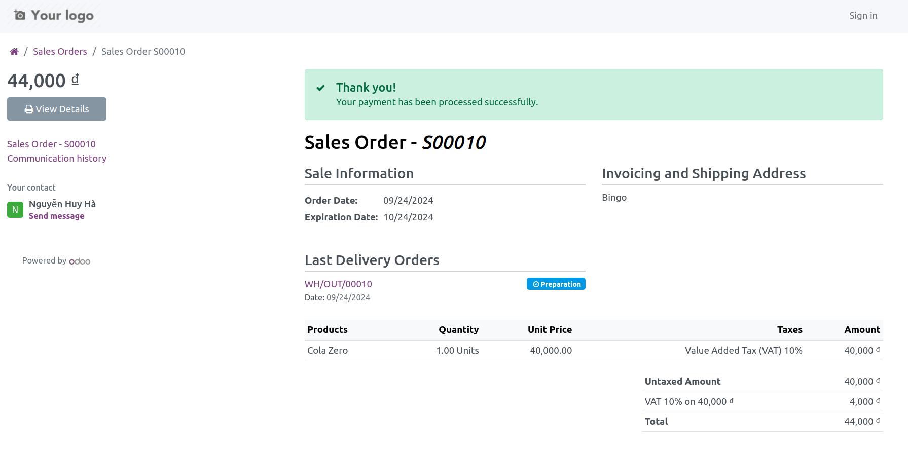 Successful payment with Momo