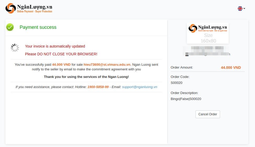 Proceed payment with NganLuong successfully
