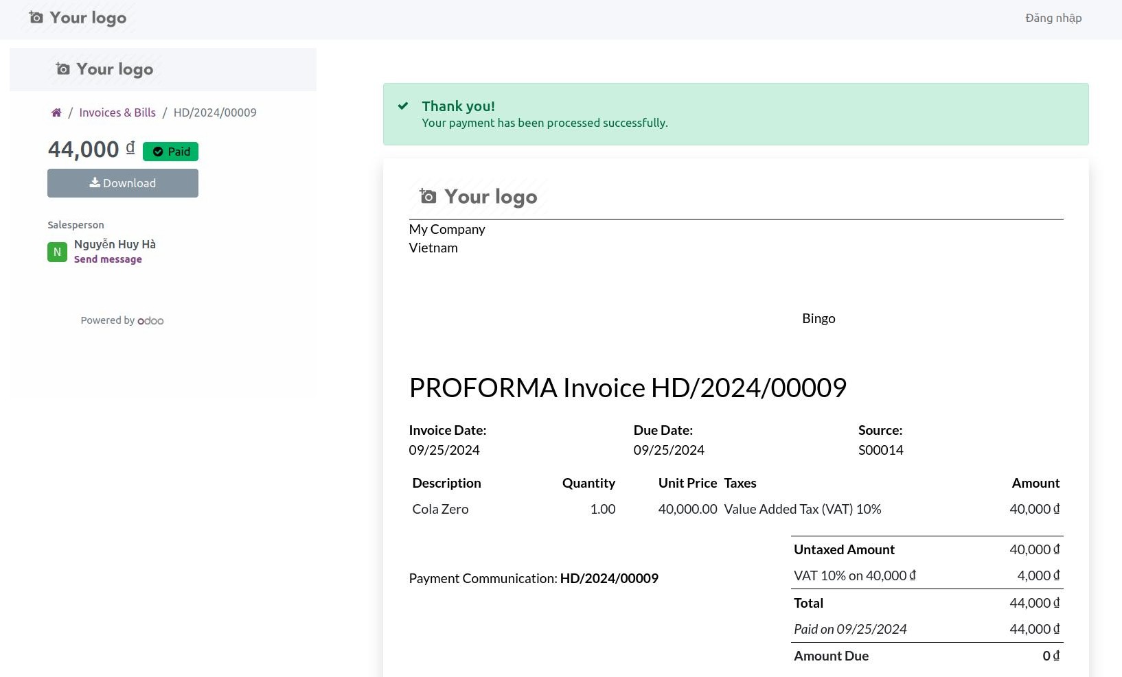 Successful payment via VNPay