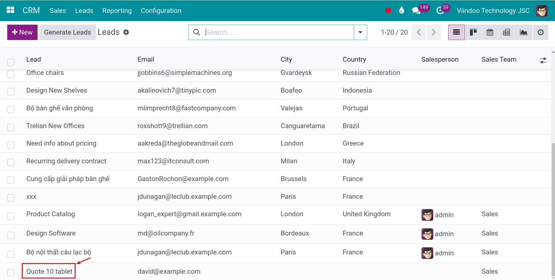 Lead generated from the website with the information retrieved from Contact Us form Website CRM Viindoo
