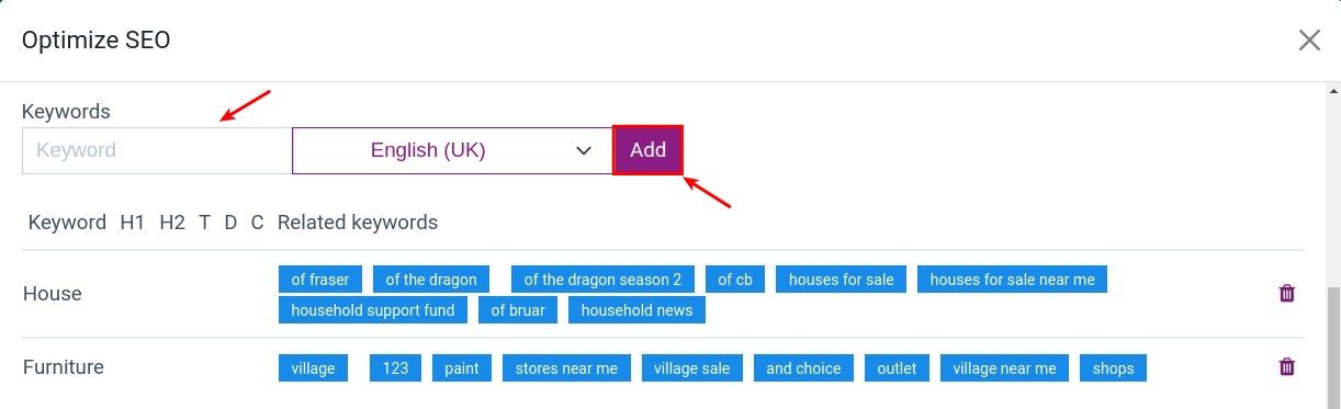 Optimize SEO with keywords