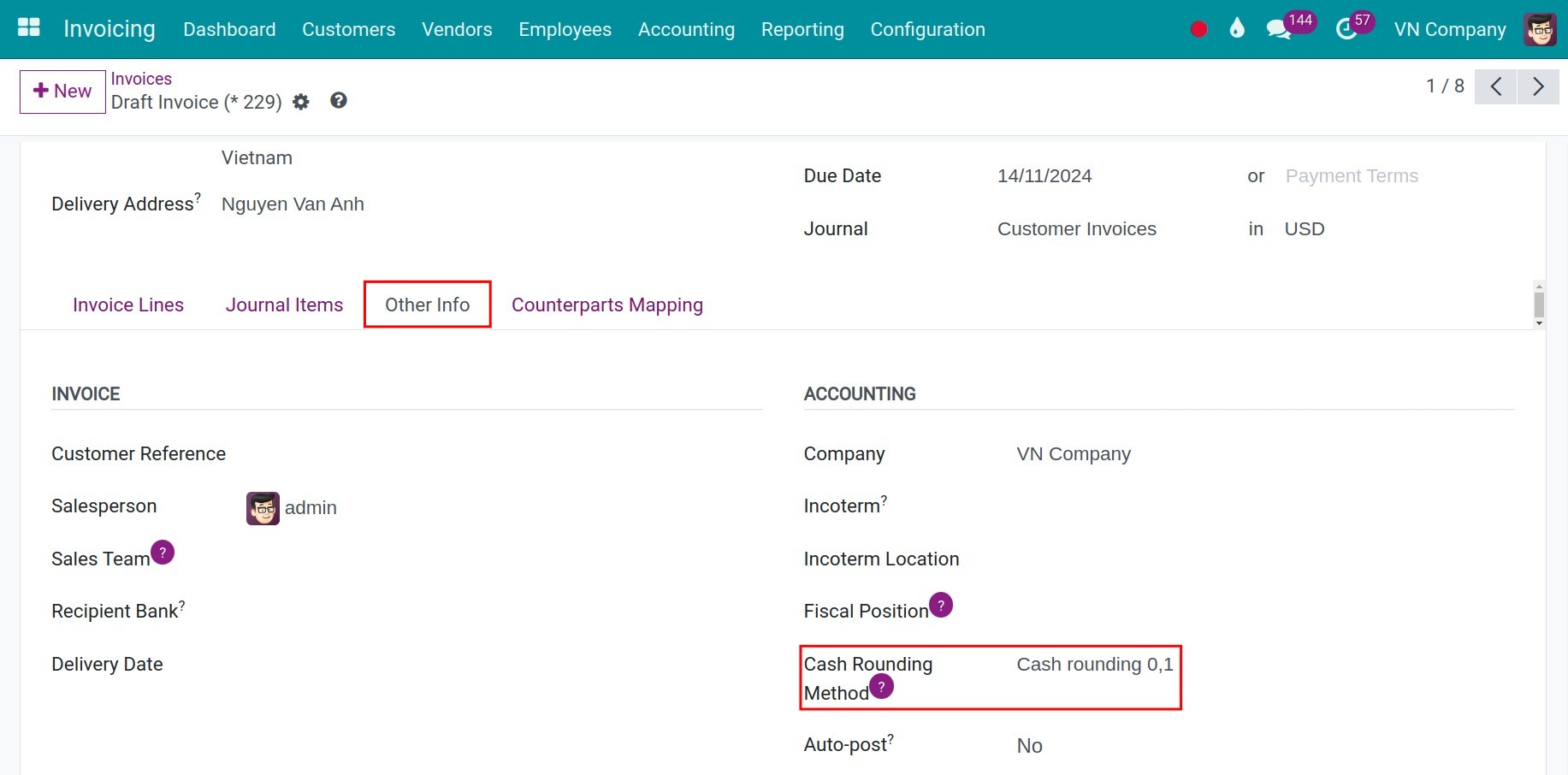 Apply the rounding rule to invoice - Viindoo Accounting