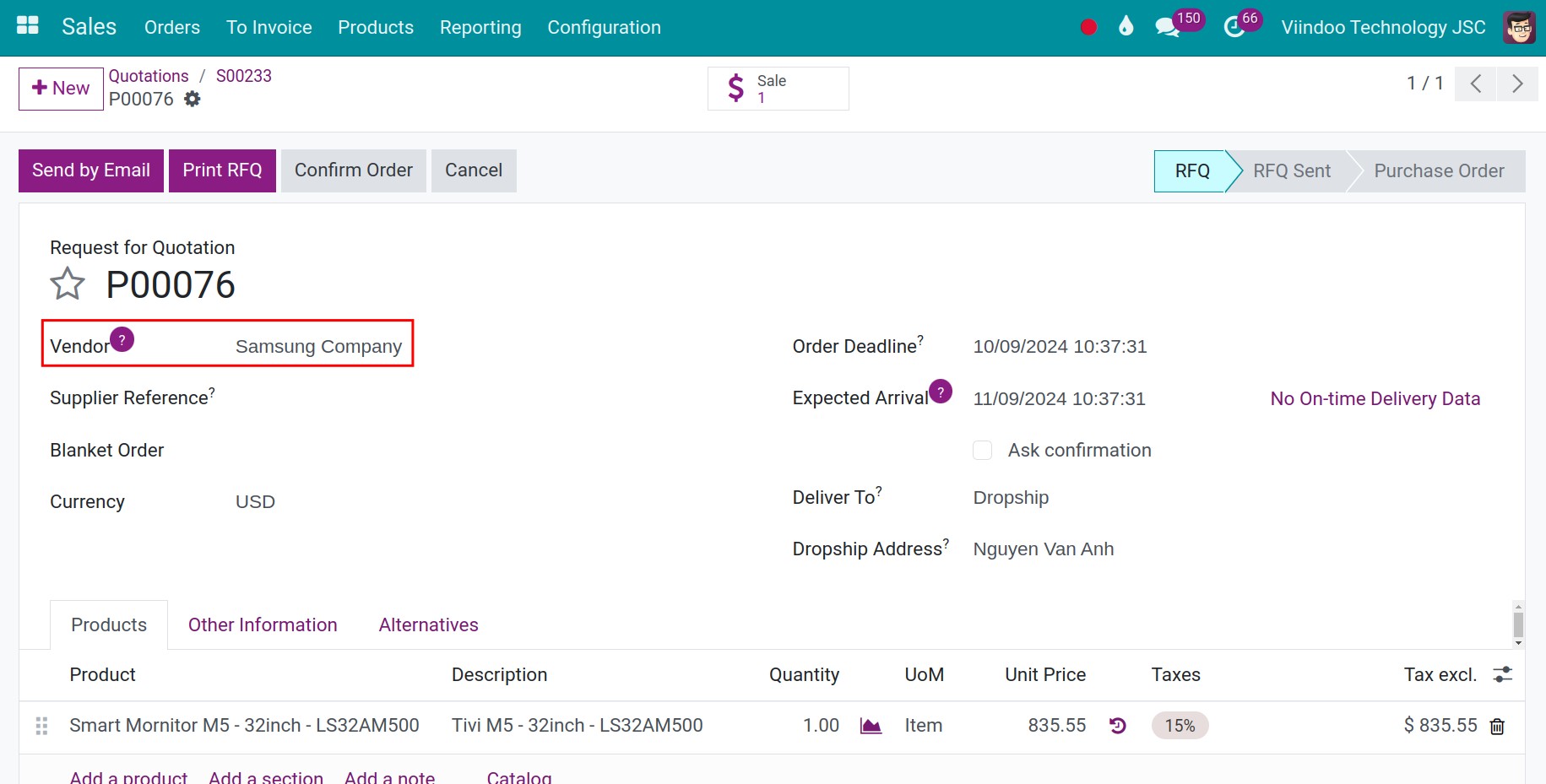 Access the request for quotation in Purchase 1