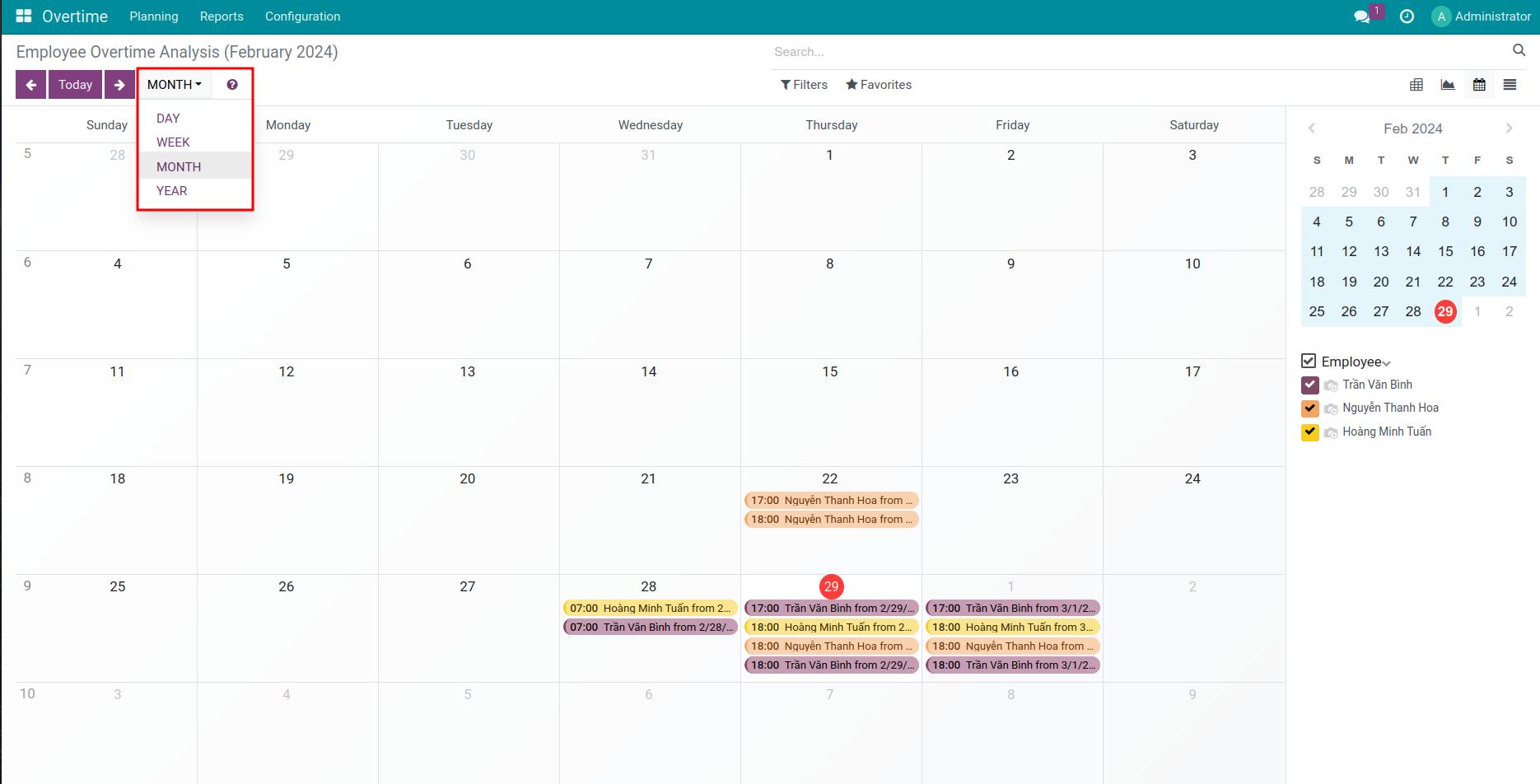 Overtime calendar report