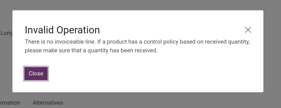 Alert when creating vendor bills depending on received quantities