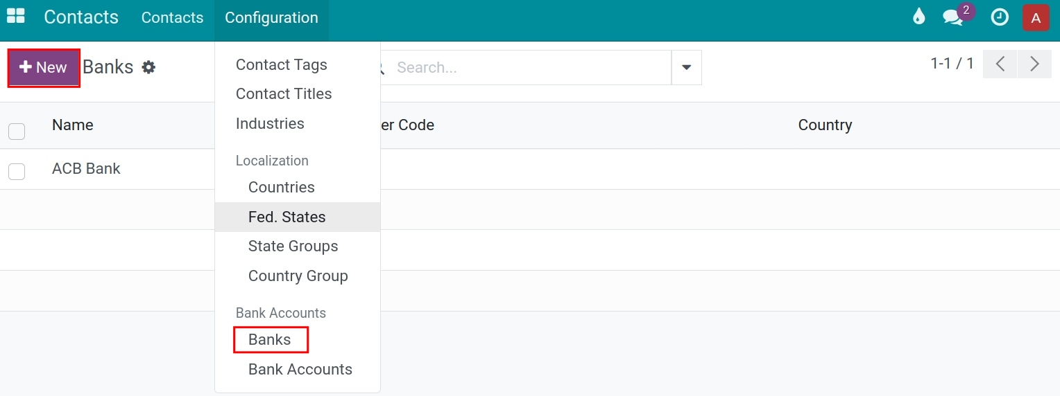 Navigation to create a bank - Viindoo accounting software
