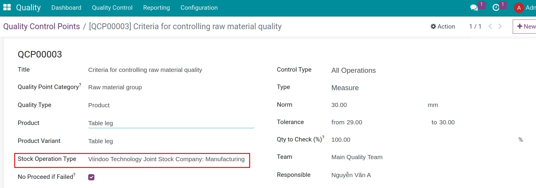 Set up quality control point for component