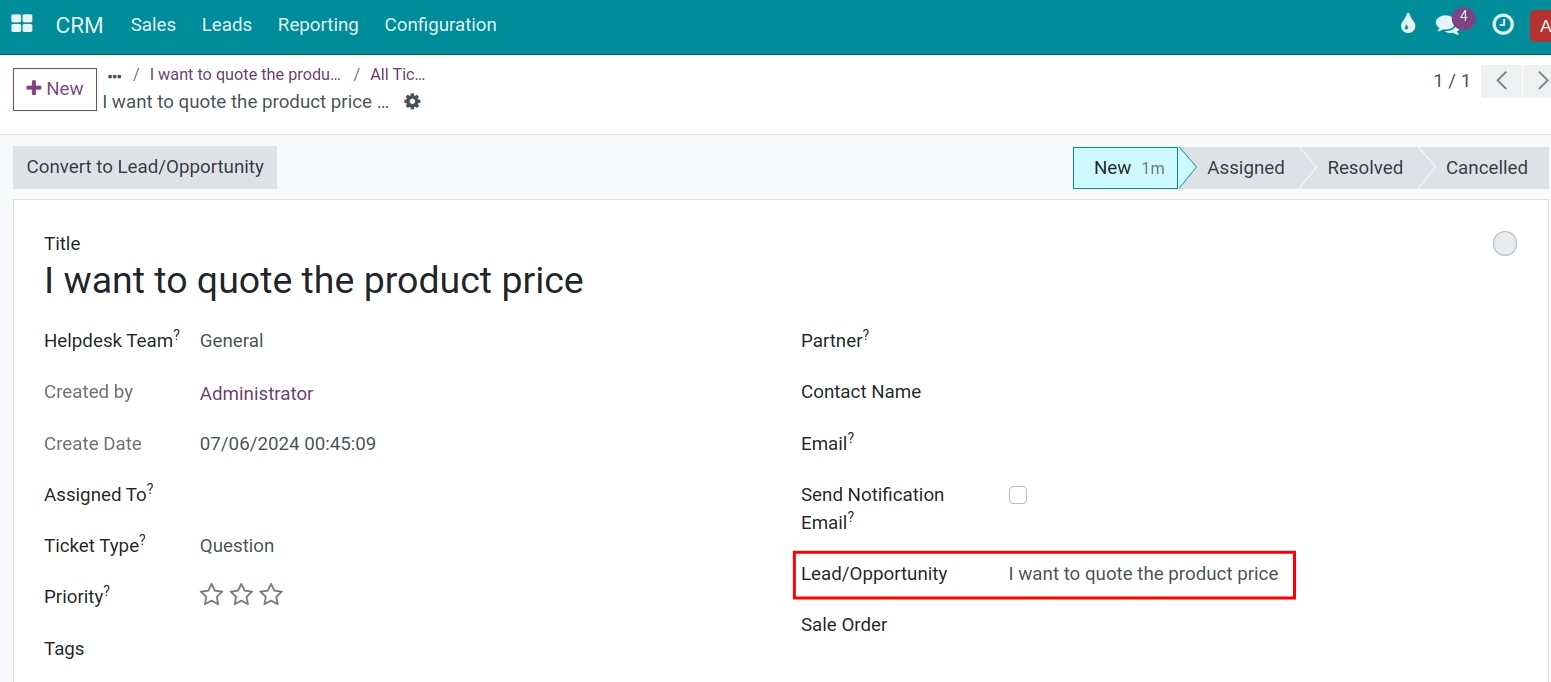 The lead automatically link to a ticket Viindoo