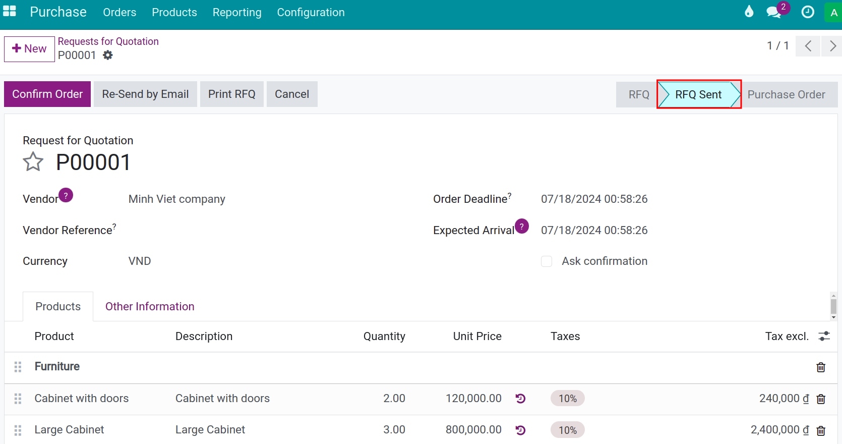 Request for quotation sent stage Purchase app ERP Viindoo