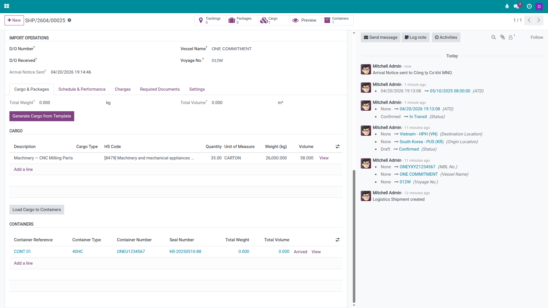FCL import shipment with Arrival Notice timestamp recorded and a corresponding log in the Chatter.