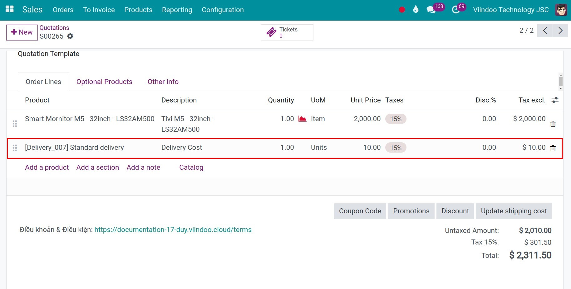Add shipping cost to a sales order