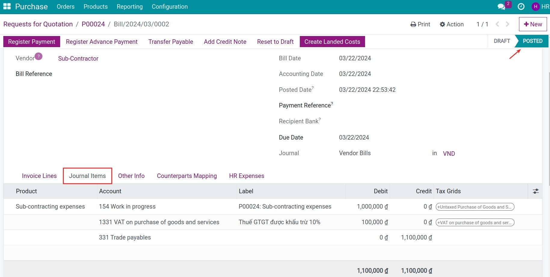 Create a bill of sub-contracting expenses