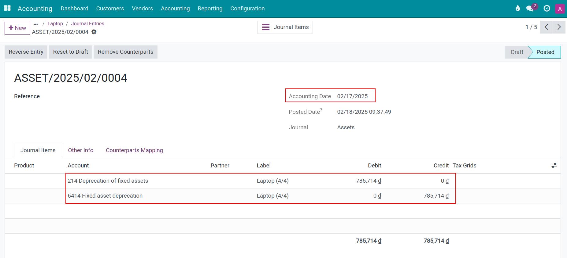 Depreciation adjustment entry on Viindoo