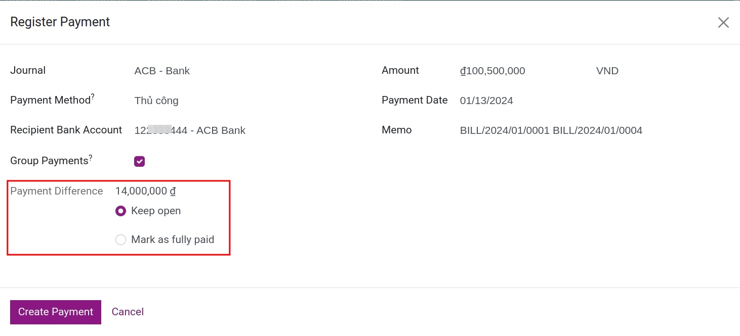 Display payment difference amount