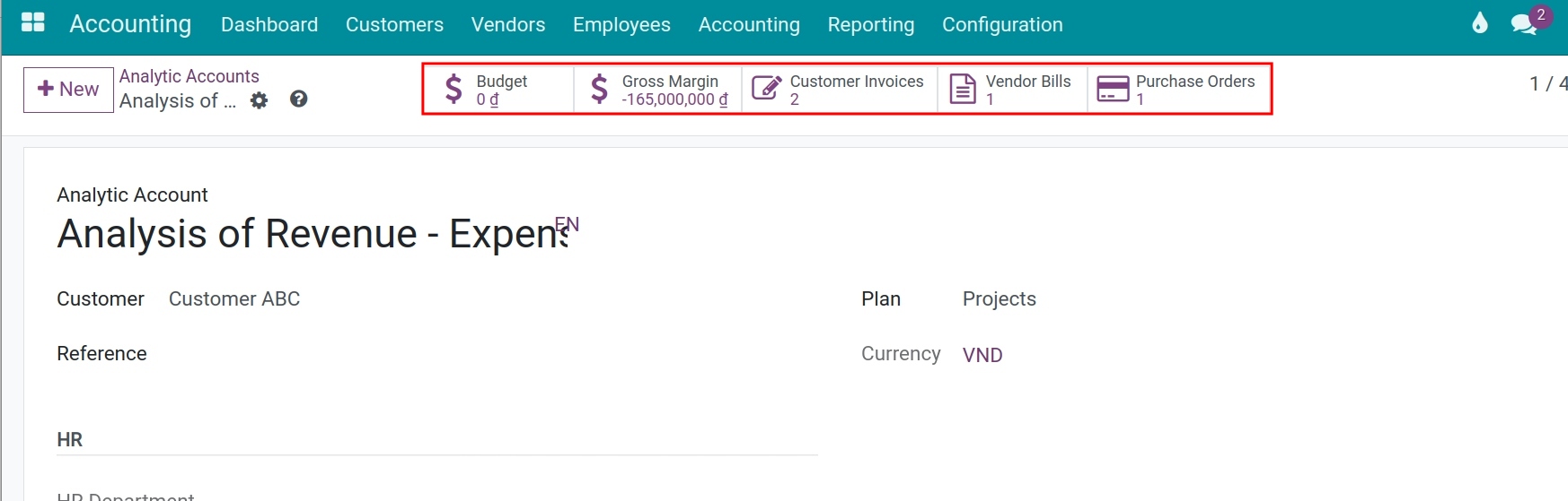 Analyze cost/revenue - Viindoo Accounting software
