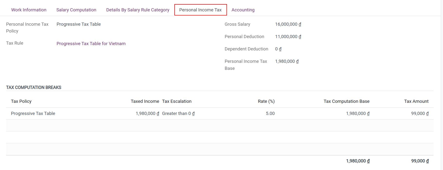 Personal Income Tax Details tab in Viindoo payslip