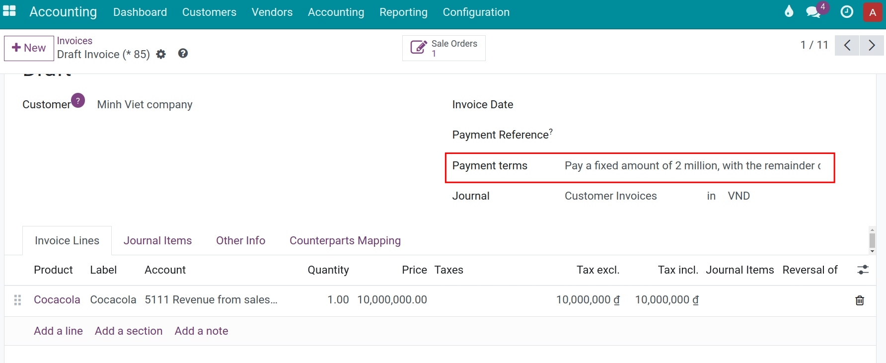 Apply payment terms on customer invoice - Viindoo Accounting