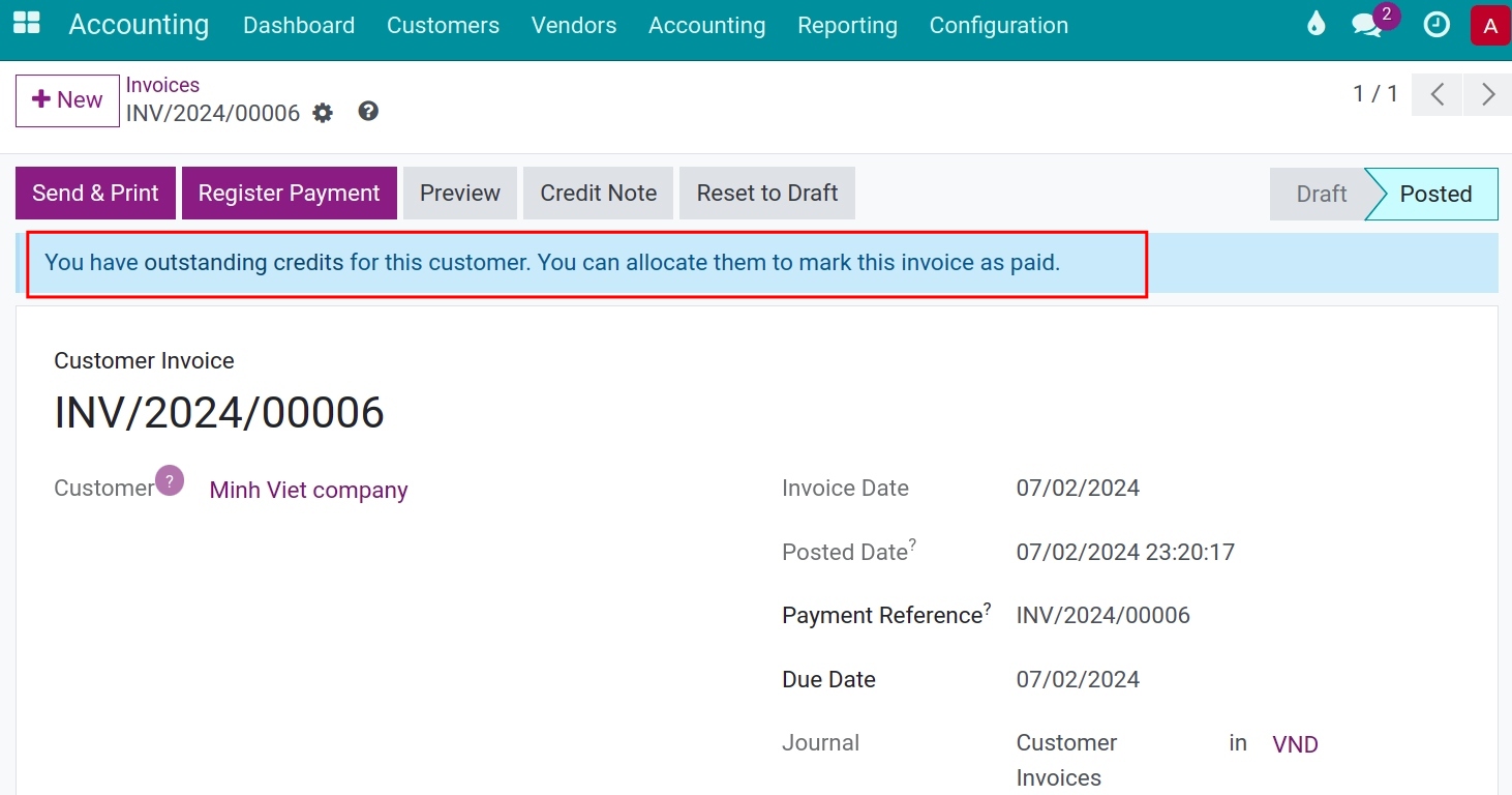 Outstanding payment on an invoice - Viindoo Accounting app
