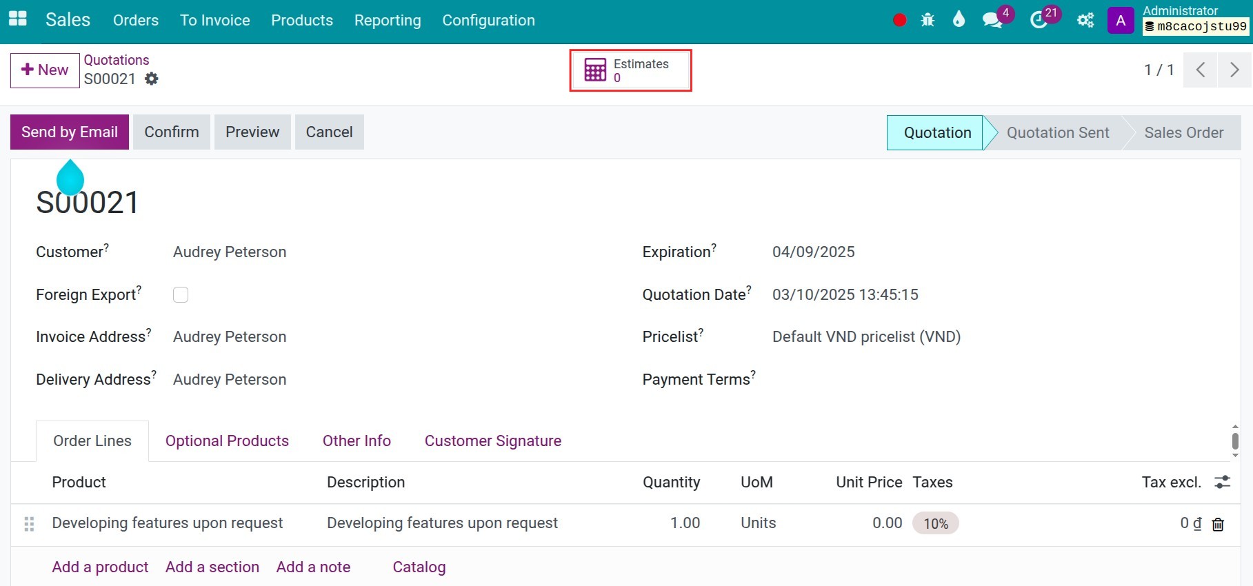 Create the estimate from sales order