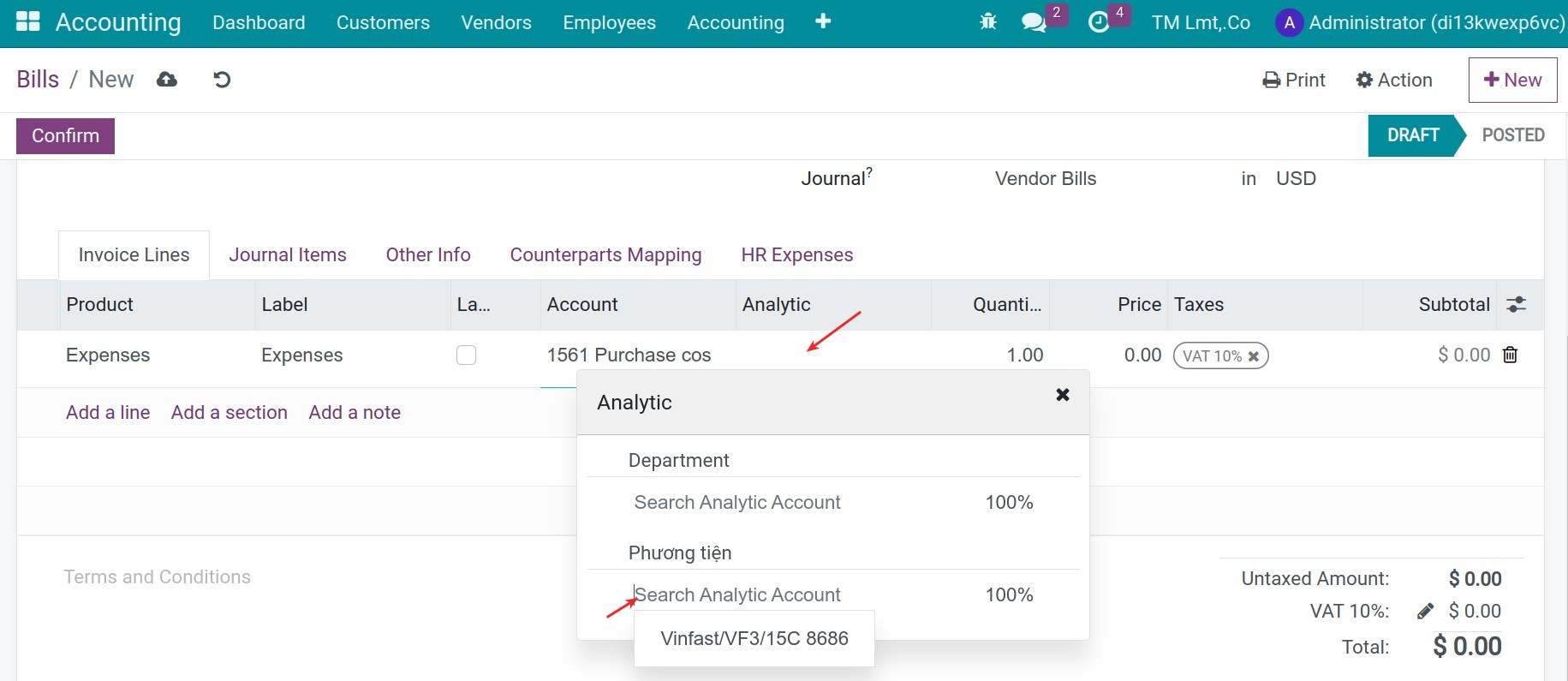 Create a vendor bill to record vehicle's cost