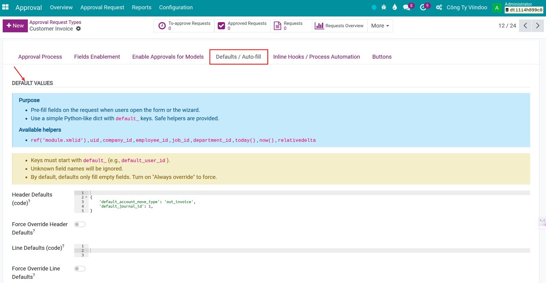 Default values configuration