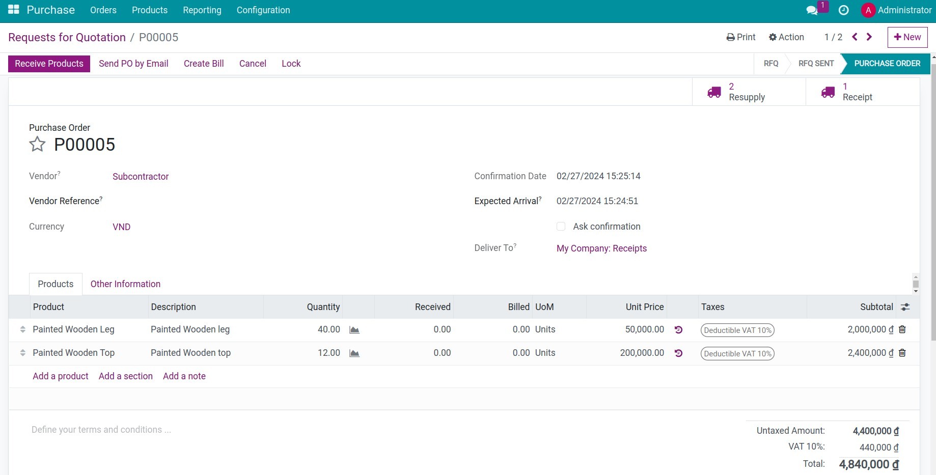 Entering the PO information for the subcontracting product